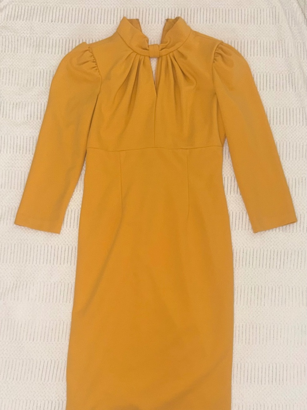 Mustard Gold Puff Sleeve Sheath Dress with Keyhole Neck